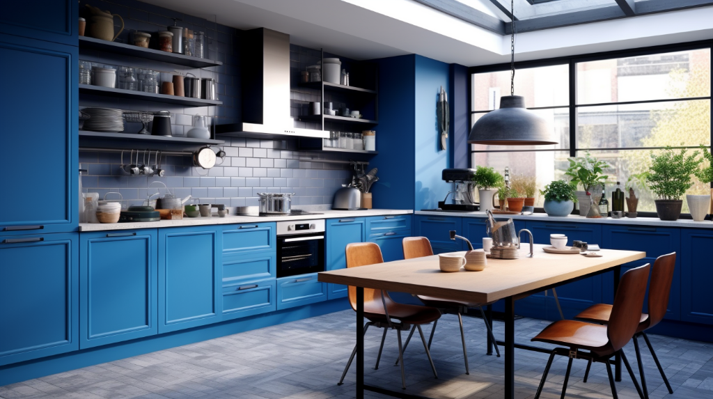 Использование синего цвета в различных стилях кухонь фото 5